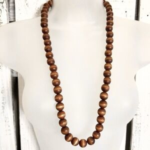 VTG‎ Boho Wood Bead Necklace 34" Clasp Hippie Chunky Beaded Brown Nature Cottage